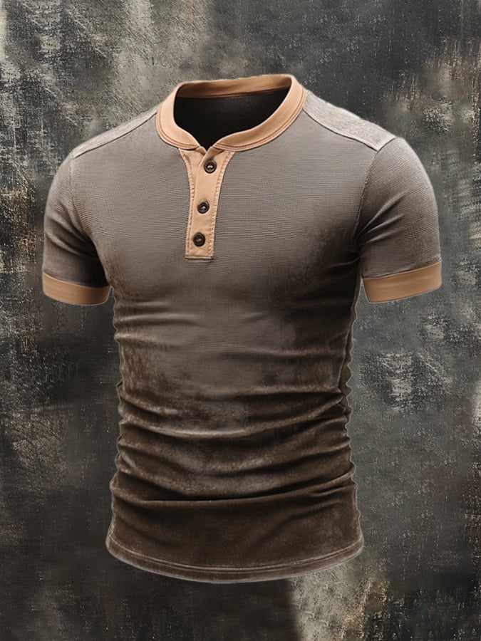 Men's casual retro color block Henley T-shirt