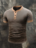 Men's casual retro color block Henley T-shirt