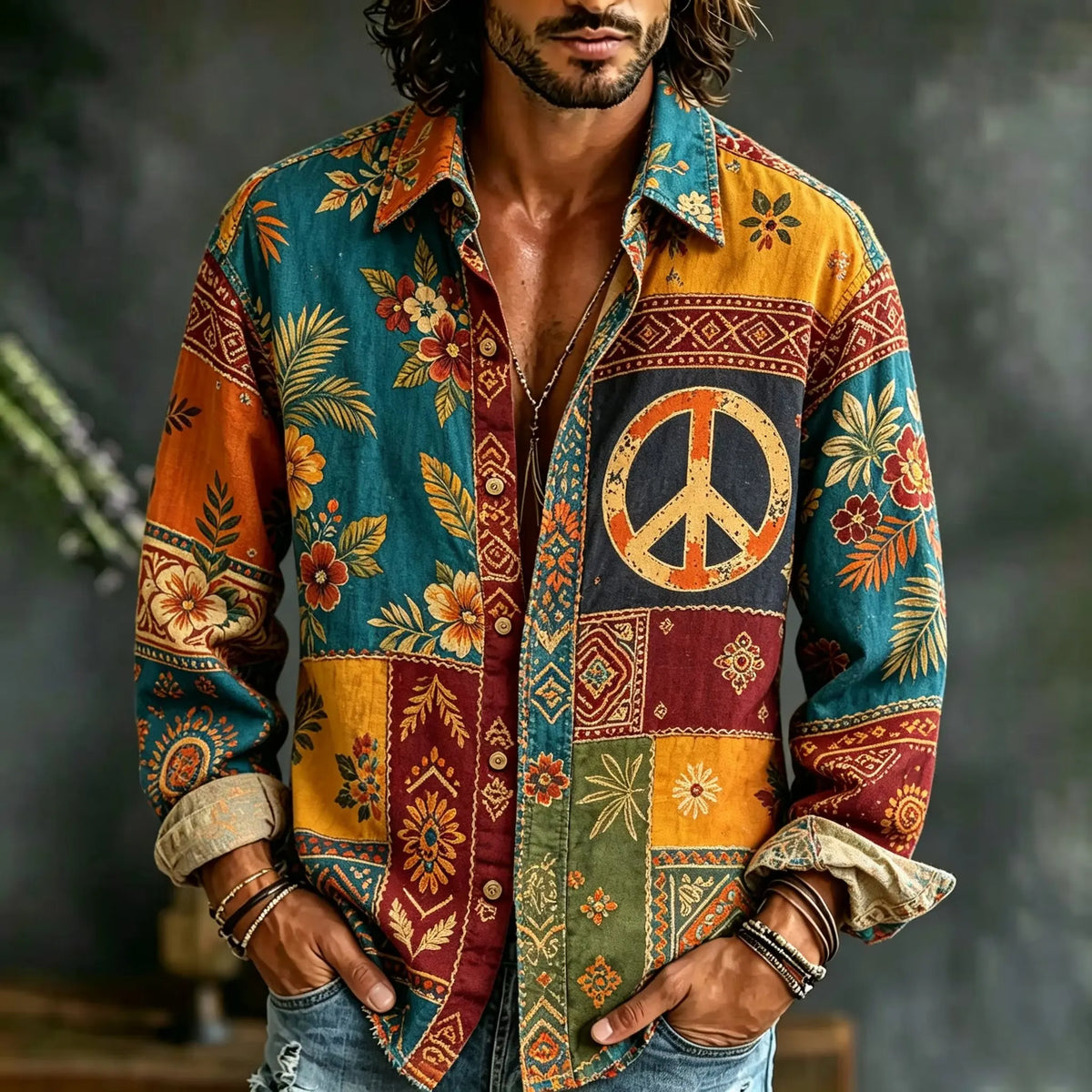 Men's Tropical Peace Sign Botanical Print Long Sleeve Shirt