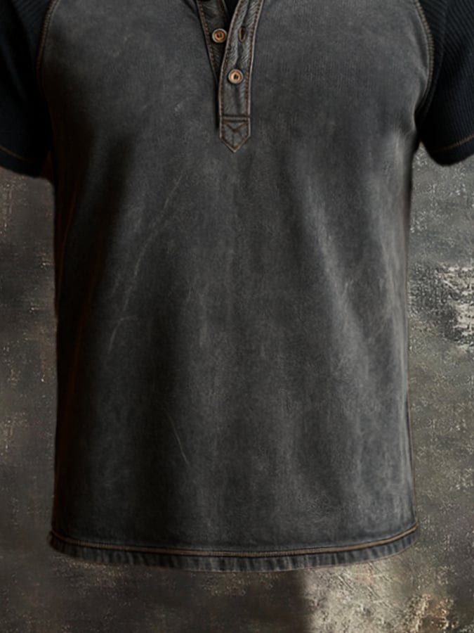 Men's casual retro washed cotton colorblock Henley t-shirt