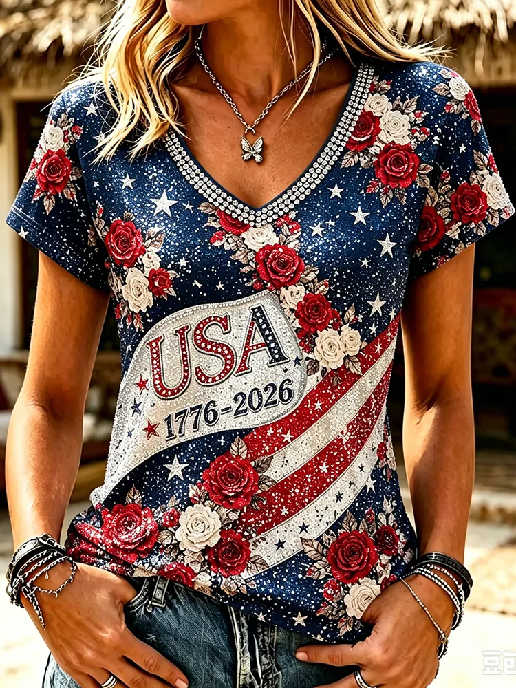Women'S Flag Gradient Art V-Neck Casual Top