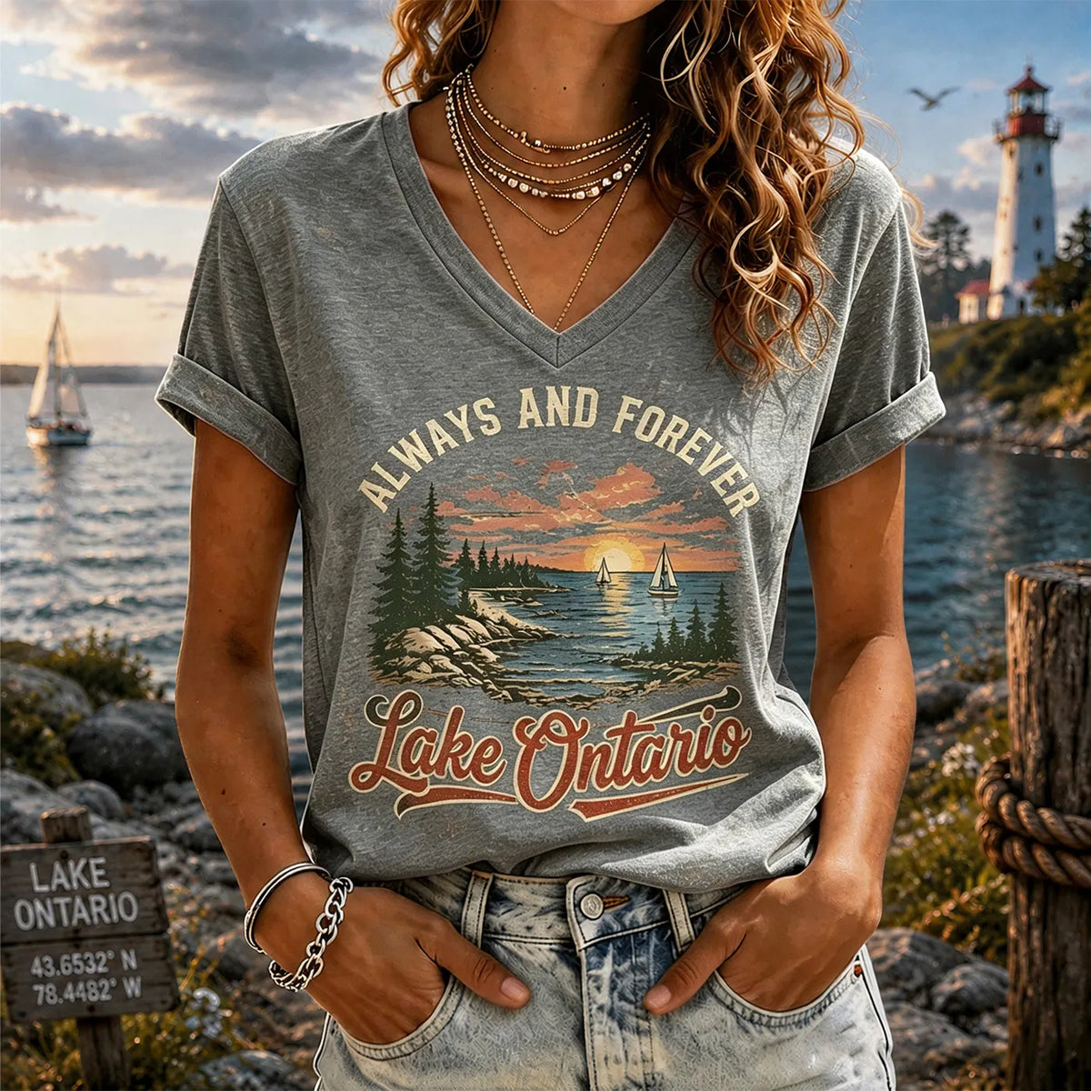 Retro Sunset Lakeside Ontario Timeless V-neck T-shirt