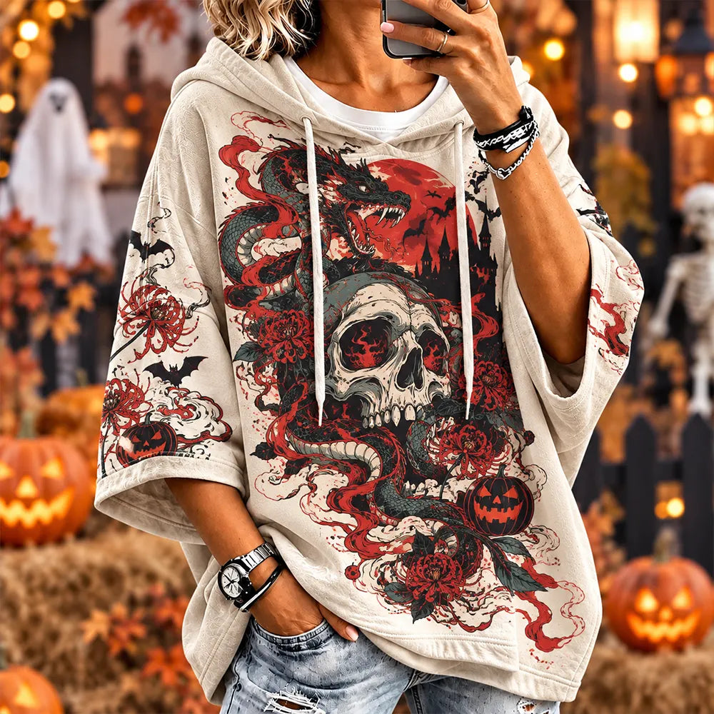 Women's Halloween Gothic Snake, Skull, Red Spider Lilies And Pumpkins Short Sleeve Hoodie
