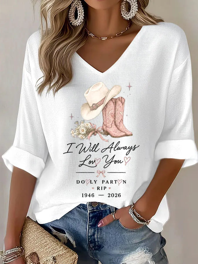 Women'S Commemorative Printed Waffle V-Neck Top