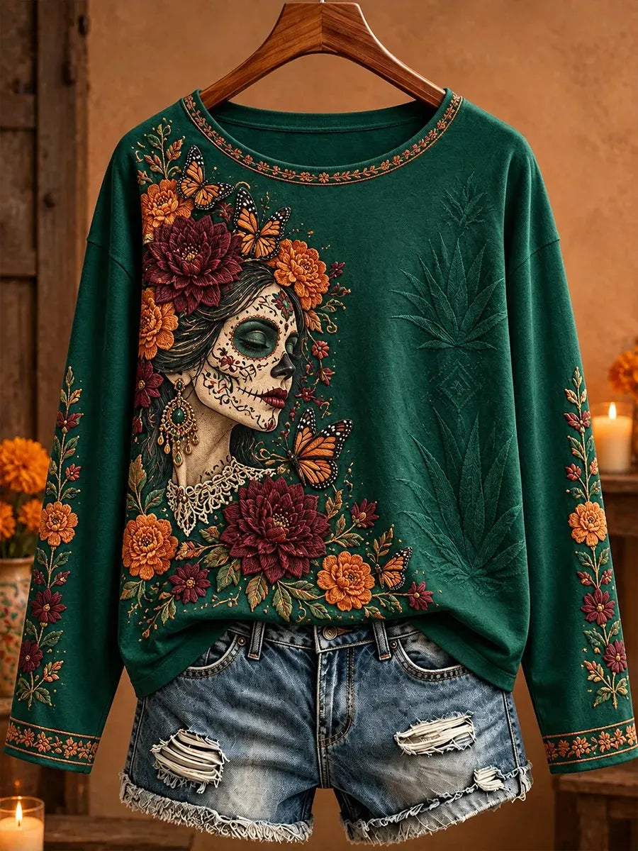 Women's Day Of The Dead Painted Female Portrait Monarch Butterfly Rich Floral Print Crew Neck Long Sleeve Top