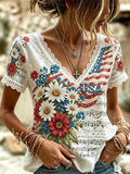 Women's Vintage American Flag, Floral, And Sheet Music Print V-neck Top