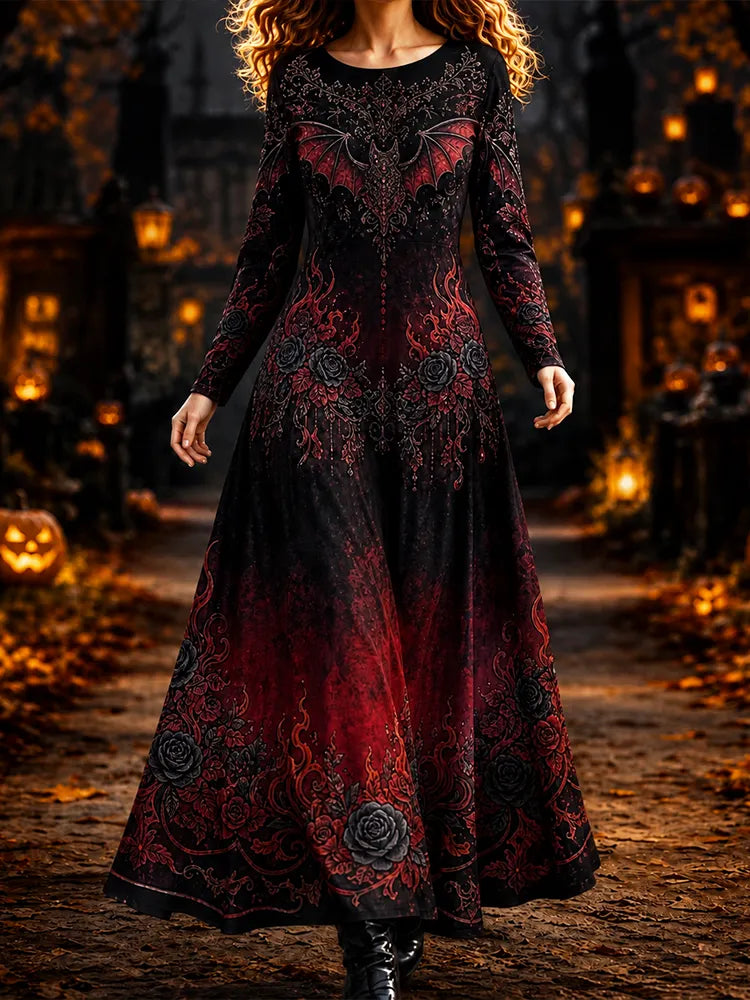 Women's Long Sleeve Round Neck Maxi Dress Featuring Gothic Bat Wings And Rose Wreath