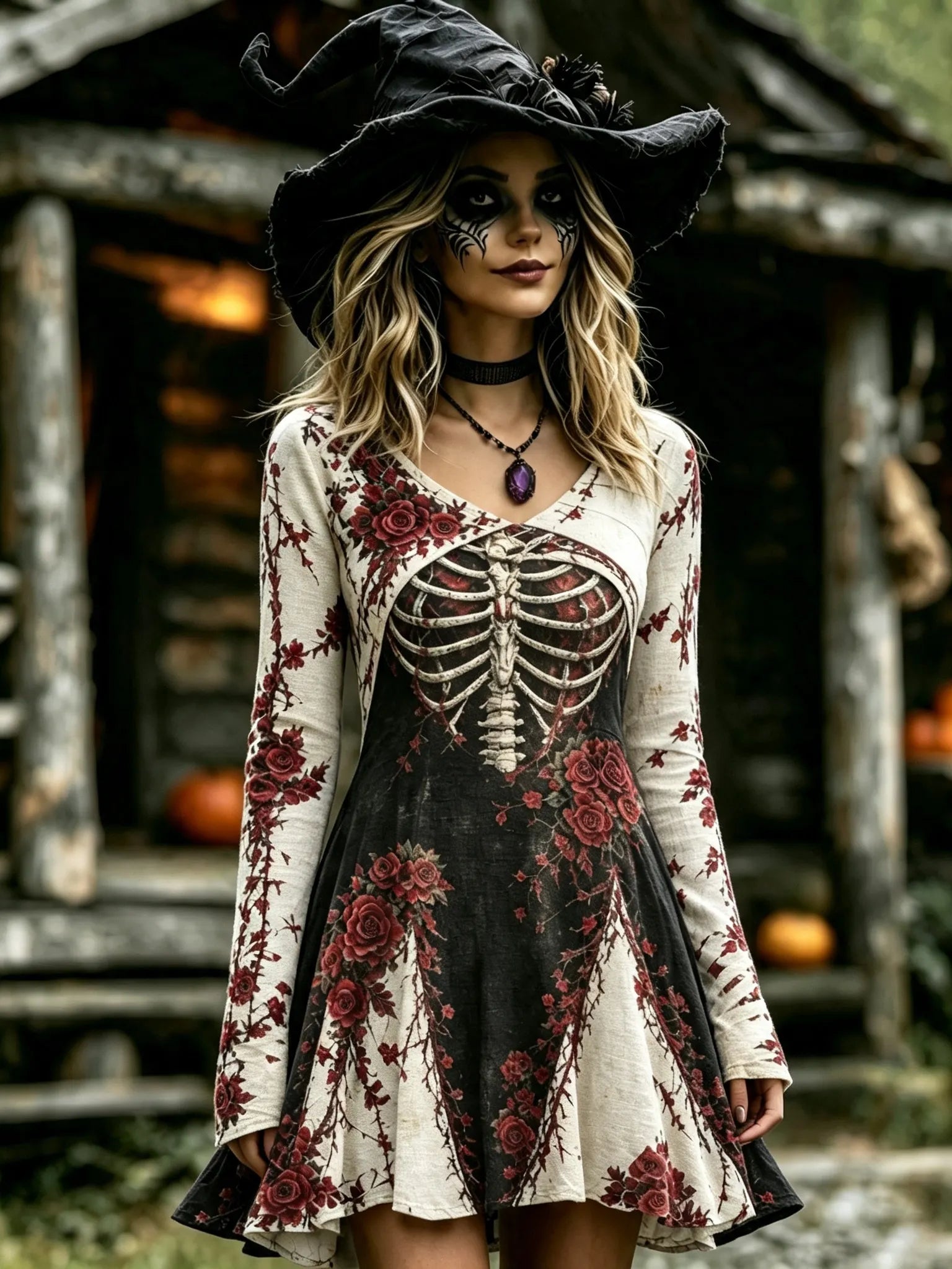 Women's Vintage Halloween Gothic Skeleton Roses Art Print Linen Mini Dress