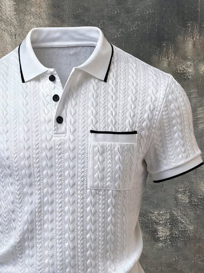Men'S Fashion Short-Sleeve Polo Shirt With Textured Paneling And Color-Block Design