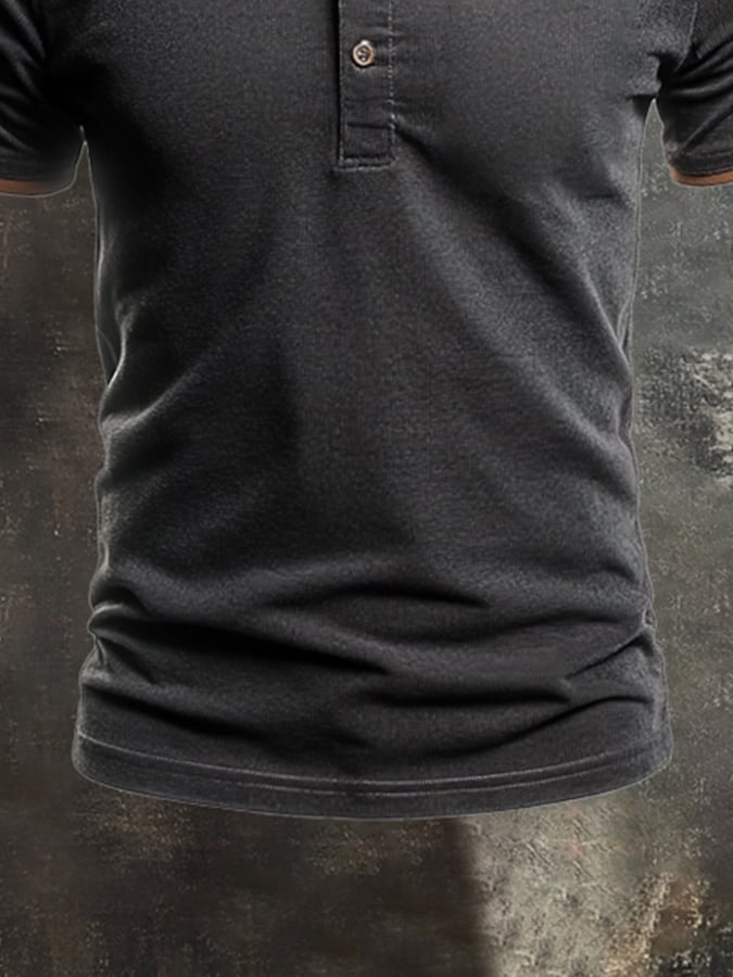 Men's casual washed colorblock cotton Henley T-shirt