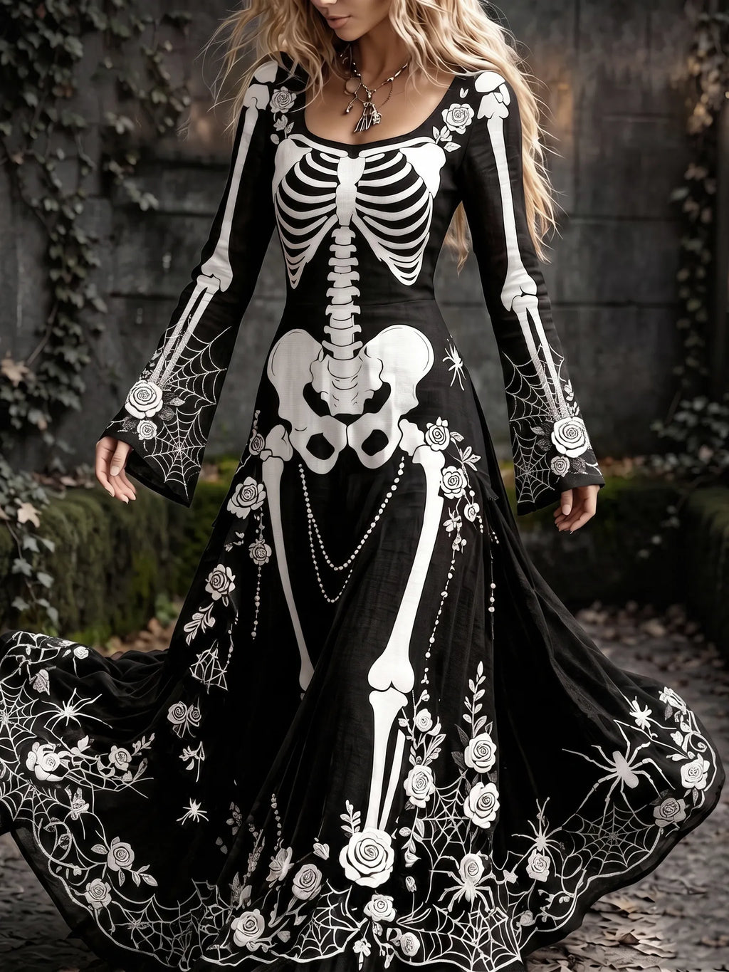 Women's Retro Gothic Spider Skull Floral Pattern Mixi Halloween Dress