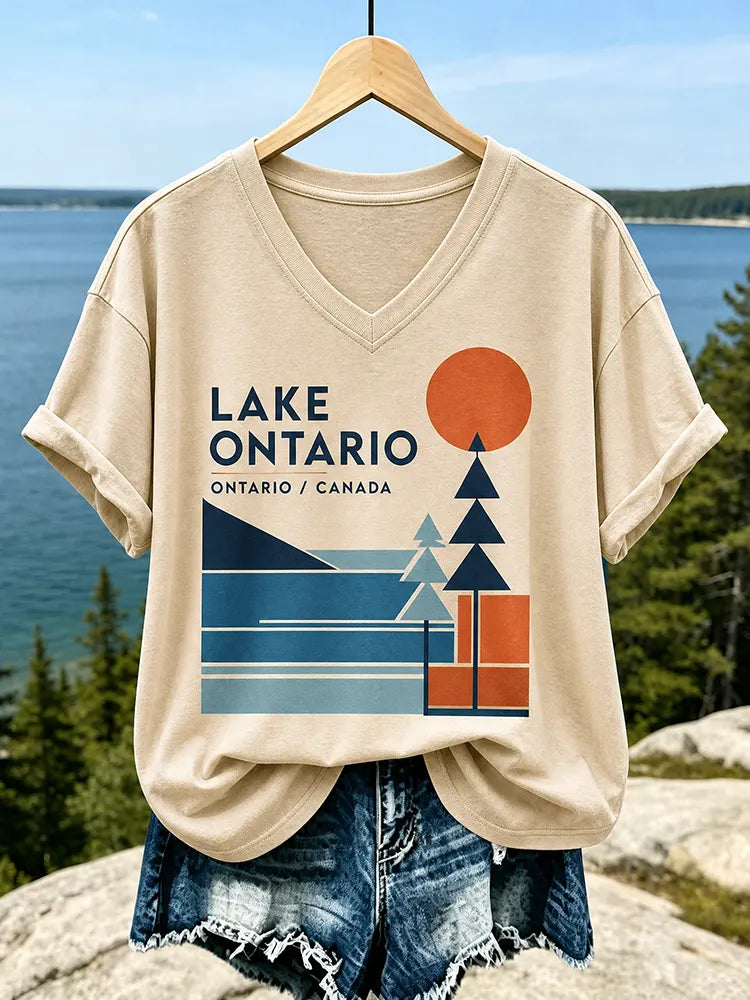 Women's Casual V-neck T-shirt In Beige With Lake Ontario Geometric Landscape And Orange Sun Print