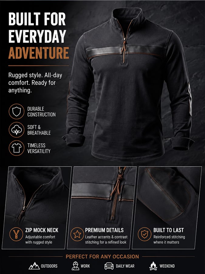 Men’s Rugged Quarter‐Zip Stand Collar Long‐Sleeve | Faux‐Leather Stitched Accent Top
