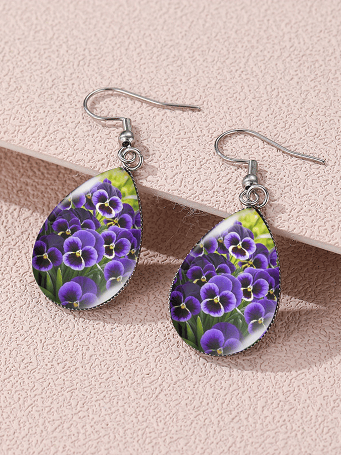 Purple Drop-Shaped Pansy Flower Design Earrings