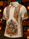 Men's Day Of The Dead Calavera Skull Multi‐Candle Butterfly Floral Print Short Sleeve Polo Shirt
