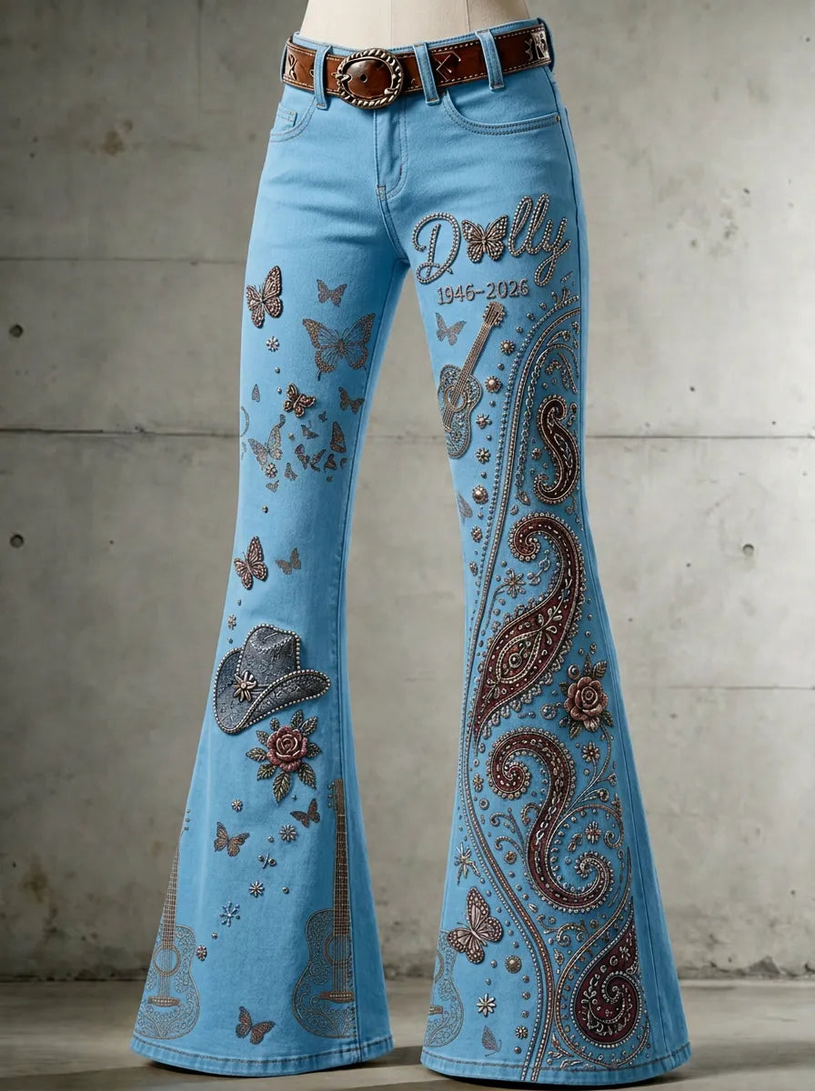 Women's Dolly Parton Butterfly Guitar Paisley Printed Flare Pants