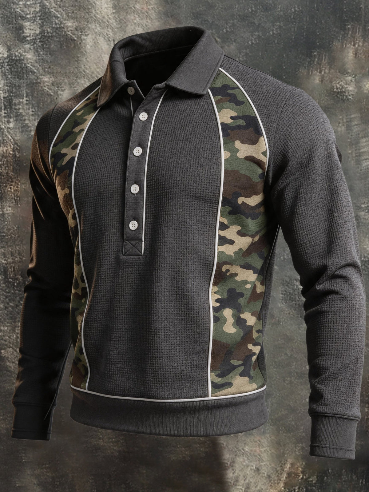 Men's Vintage Waffle-Knit Camouflage Henley Sweatshirt