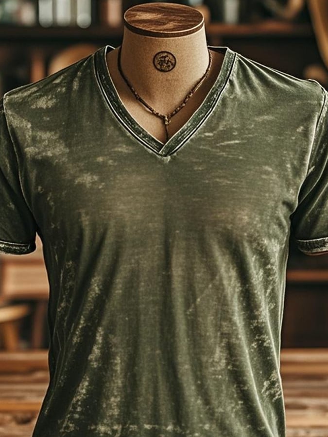 Men's Vintage Distressed Washed Enzyme Washed V-Neck Short Sleeve T-Shirt