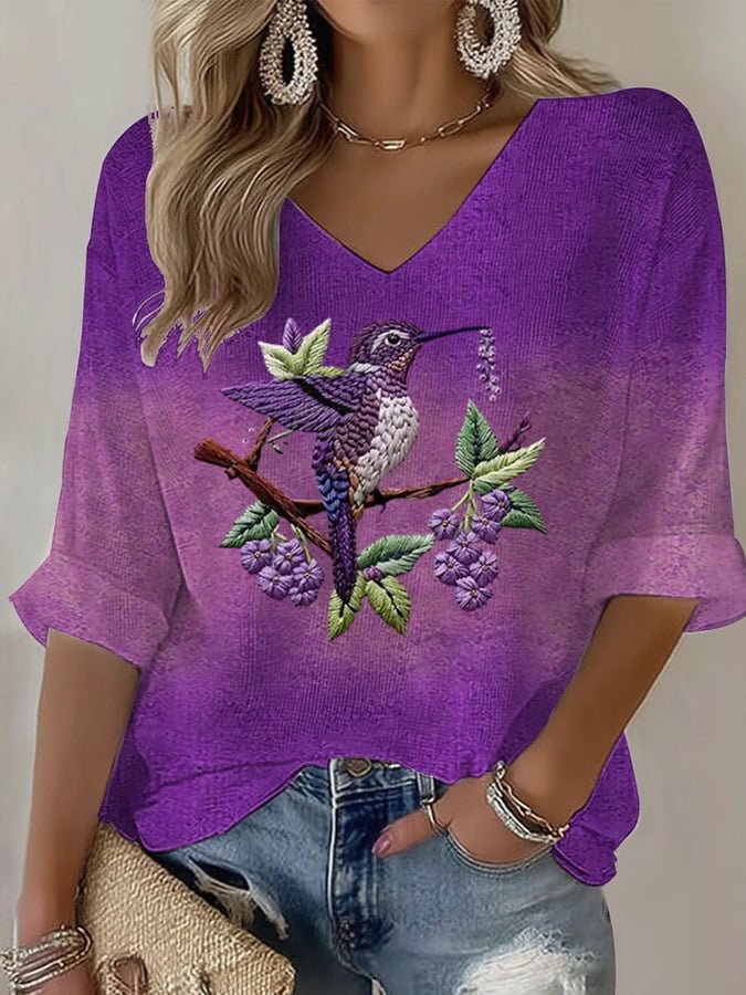 Women's Purple Gradient Hummingbird Floral Print V Neck Top