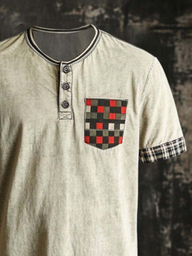 Men's casual Henley short sleeve t-shirt with contrast check pattern