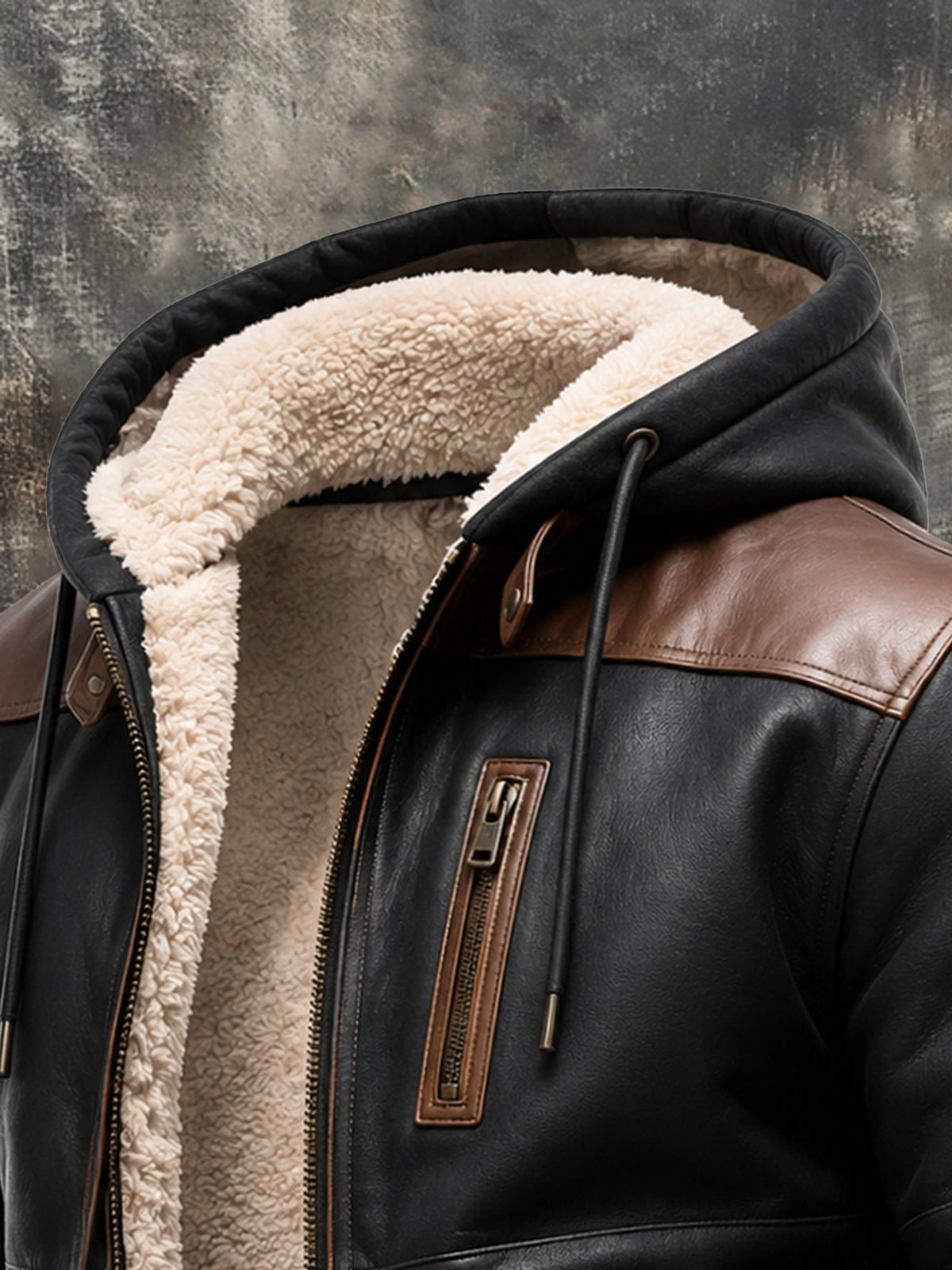 Men's Retro Color-Block Outdoor Fleece-Lined Jacket with Multiple Pockets and Leather Details