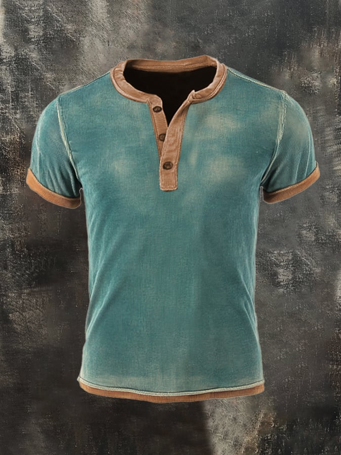 Men's Vintage Washed Cotton Casual Henley Short Sleeve T-Shirt