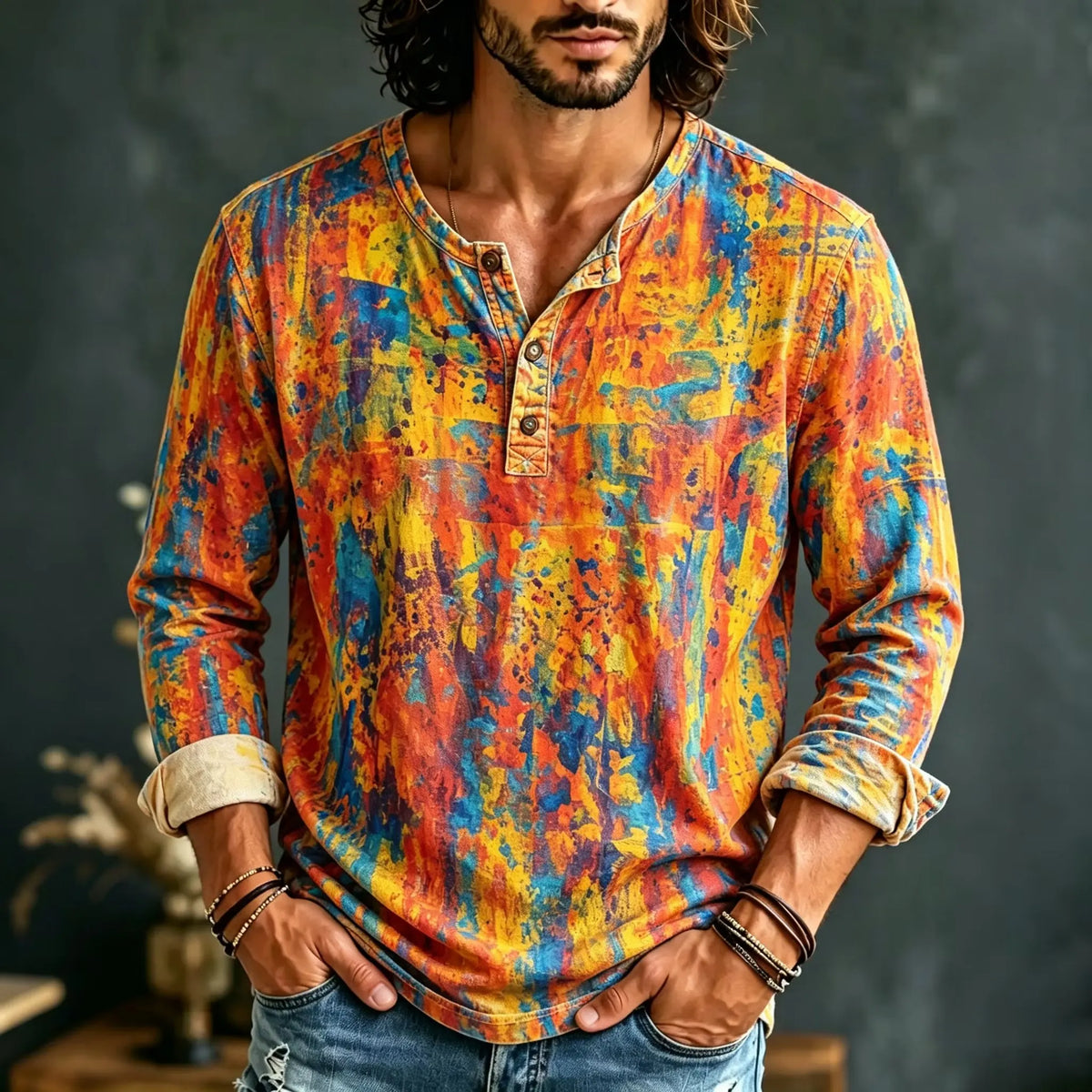 Men's Abstract Paint Splatter Print Henry Collar Long Sleeve T-Shirt