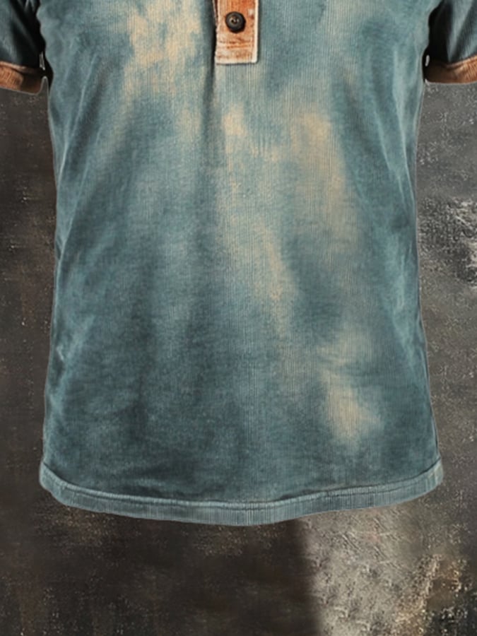 Men's Vintage Color Block Cotton Casual Henley Short Sleeve T-Shirt