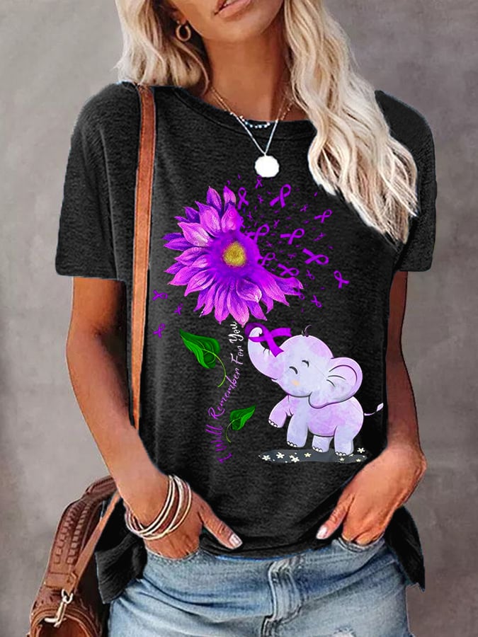 Women's I Will Remember For You Purple Ribbon Elephant Alzheimer's Awareness Supporter Fighter Tee