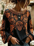 Women's Day of the Dead Orange Floral Skull Print Lantern Sleeve Top