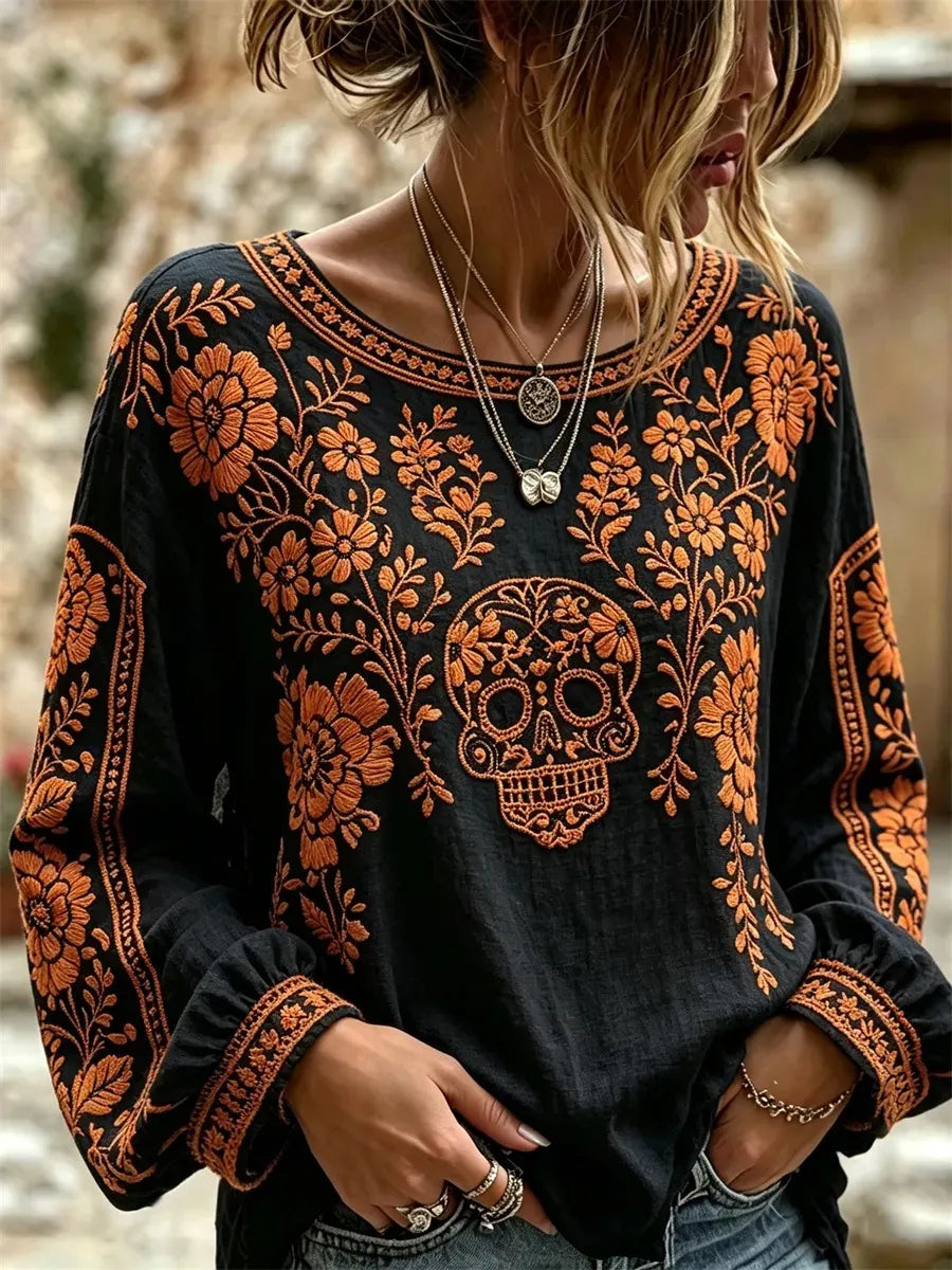 Women's Day of the Dead Orange Floral Skull Print Lantern Sleeve Top