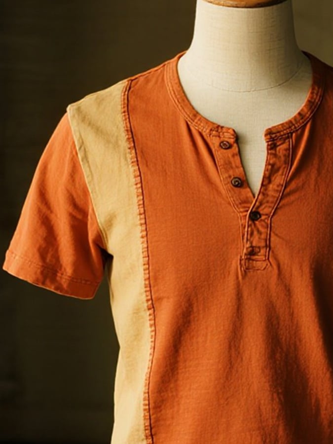 Men's casual retro color-block Henley T-shirt