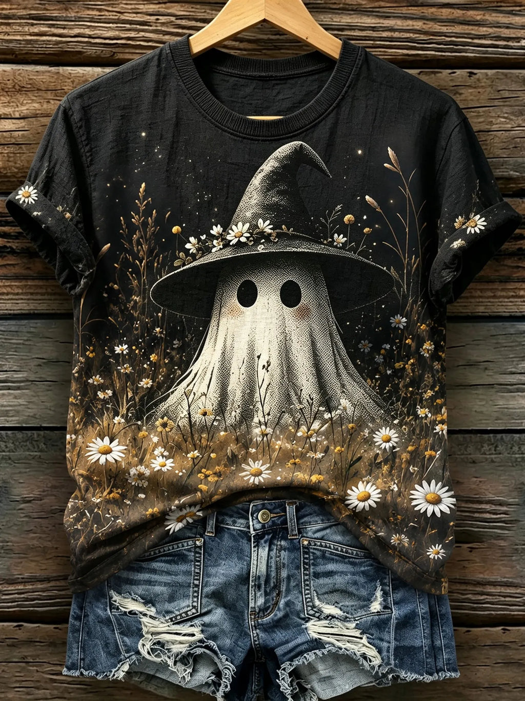 Women's Retro Bohemian Halloween Theme Ghost And Floral Print T-shirt