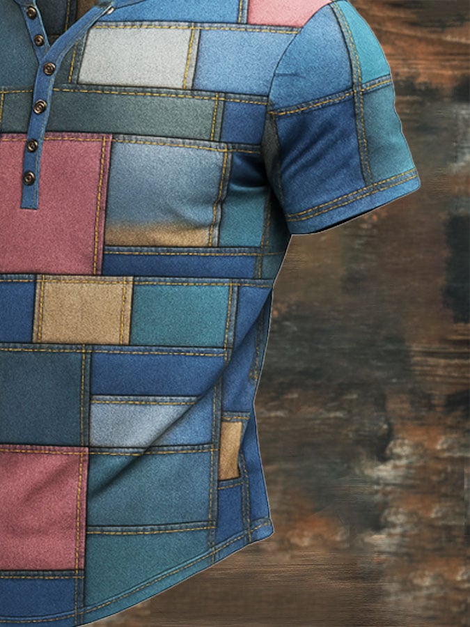 Men's vintage-look patchwork print Henley T-shirt with short sleeves