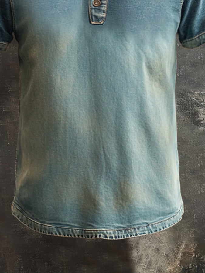 Men's casual retro wash colorblock Henley T-shirt