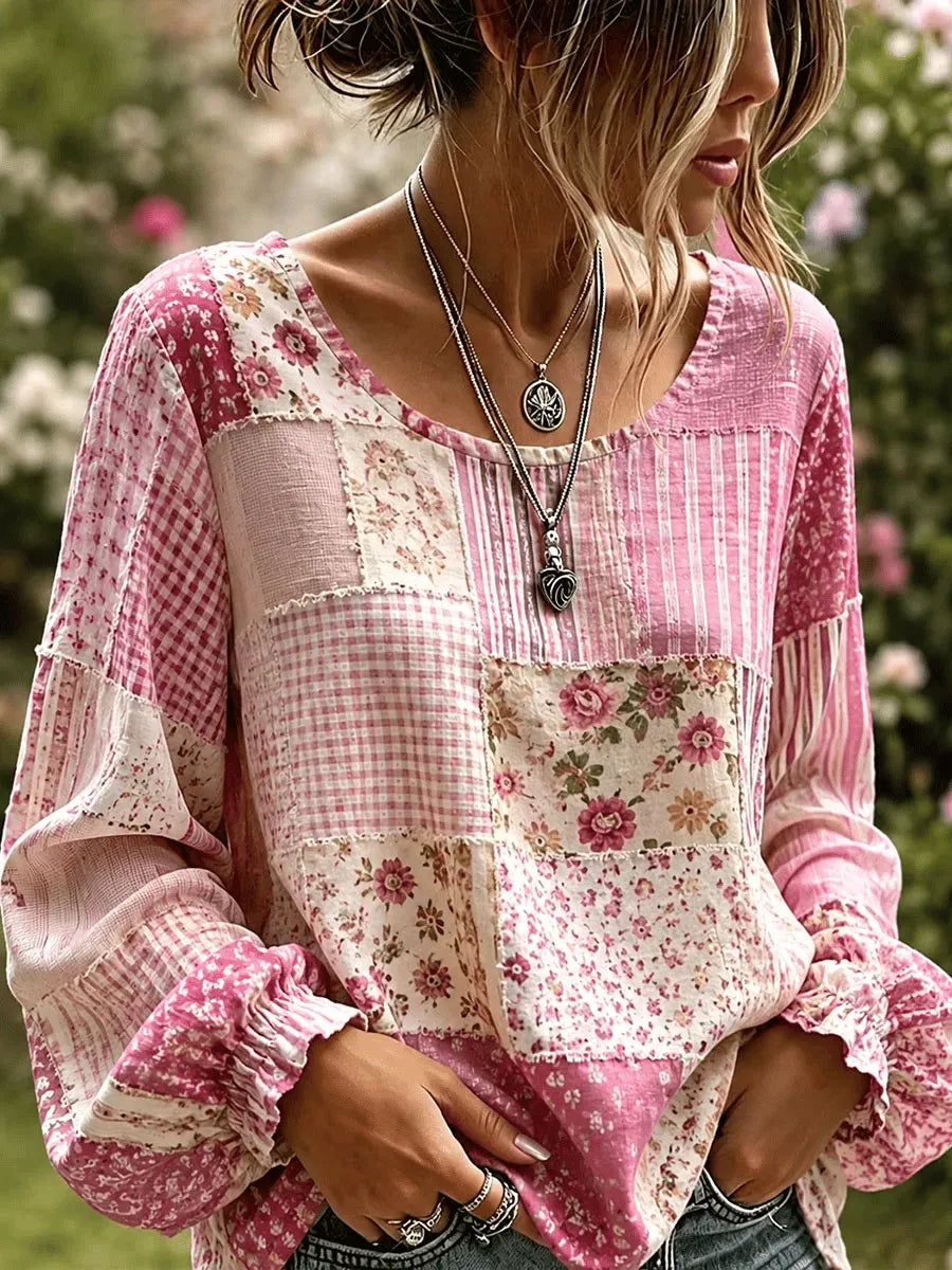 Women's Pink Vintage Plaid And Floral Print Long-Sleeve Top