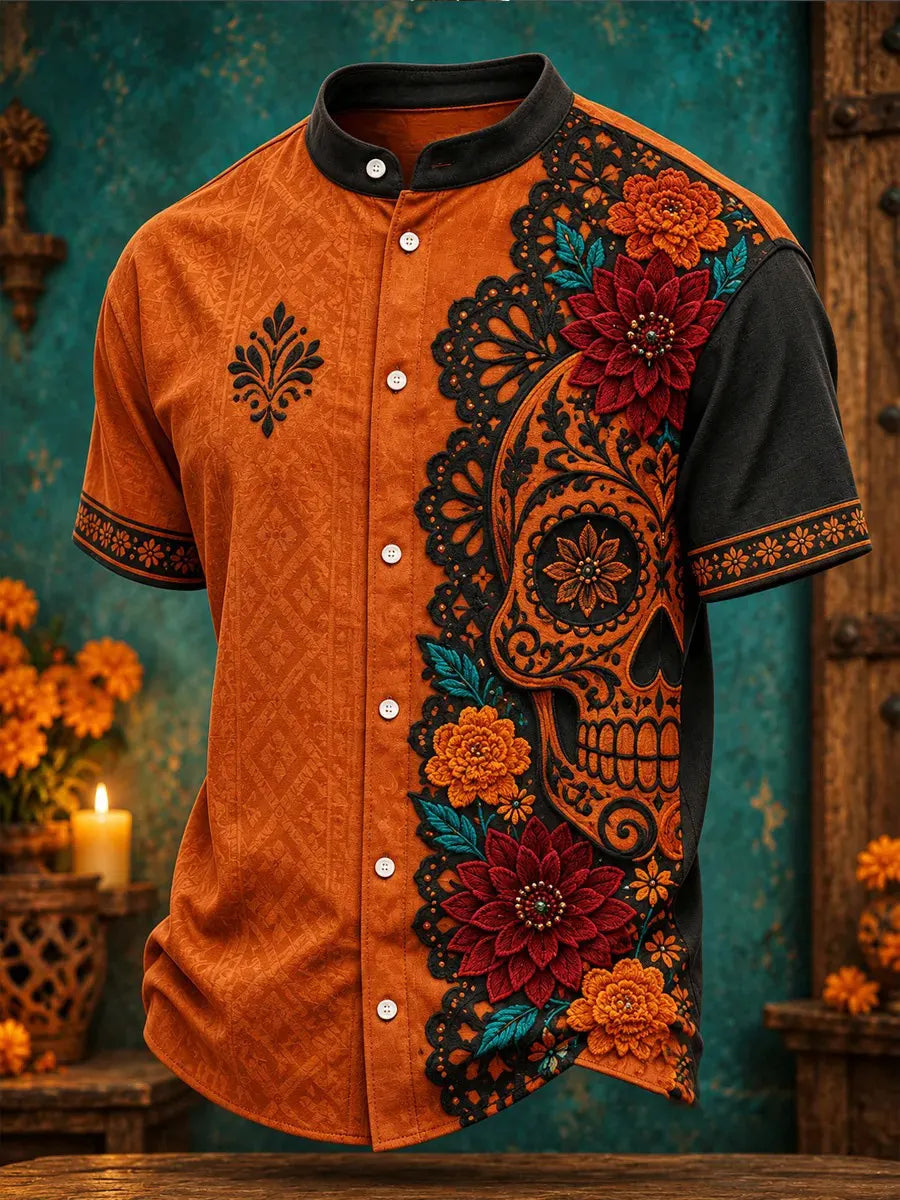 Men's Day Of The Dead Folk Art Sugar Skull Print Stand Collar Short Sleeve Shirt