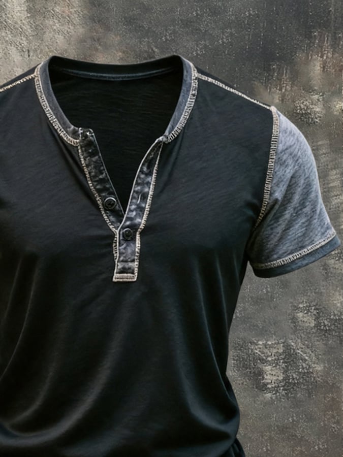 Men's Retro Color-Block Short-Sleeve Henley T-Shirt