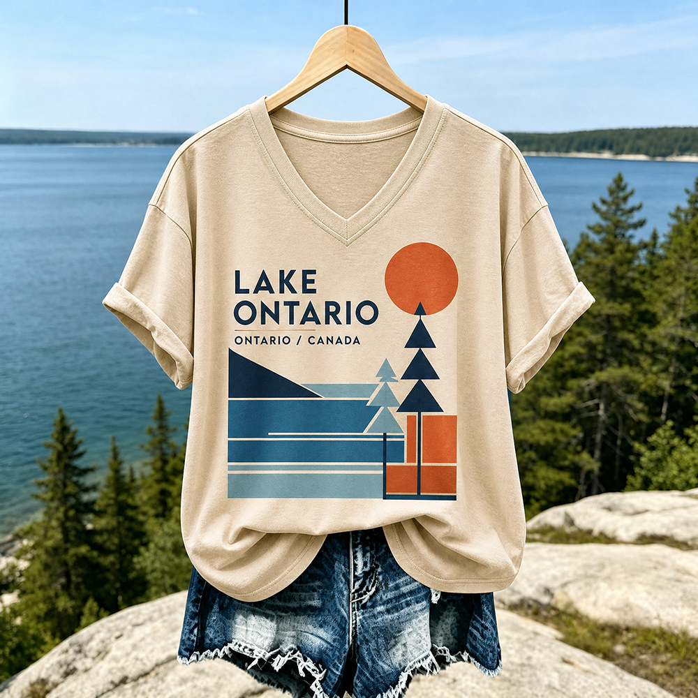 Women's Casual V-neck T-shirt In Beige With Lake Ontario Geometric Landscape And Orange Sun Print