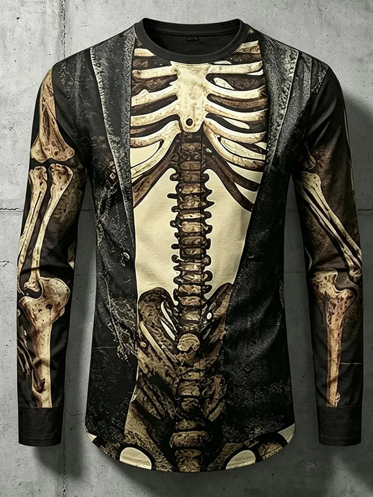 Men's Halloween Skull And Suit Art Print Crew Neck Long Sleeve Casual T-shirt