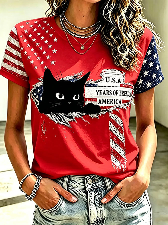 Women's USA Cat Printed Casual T-shirt