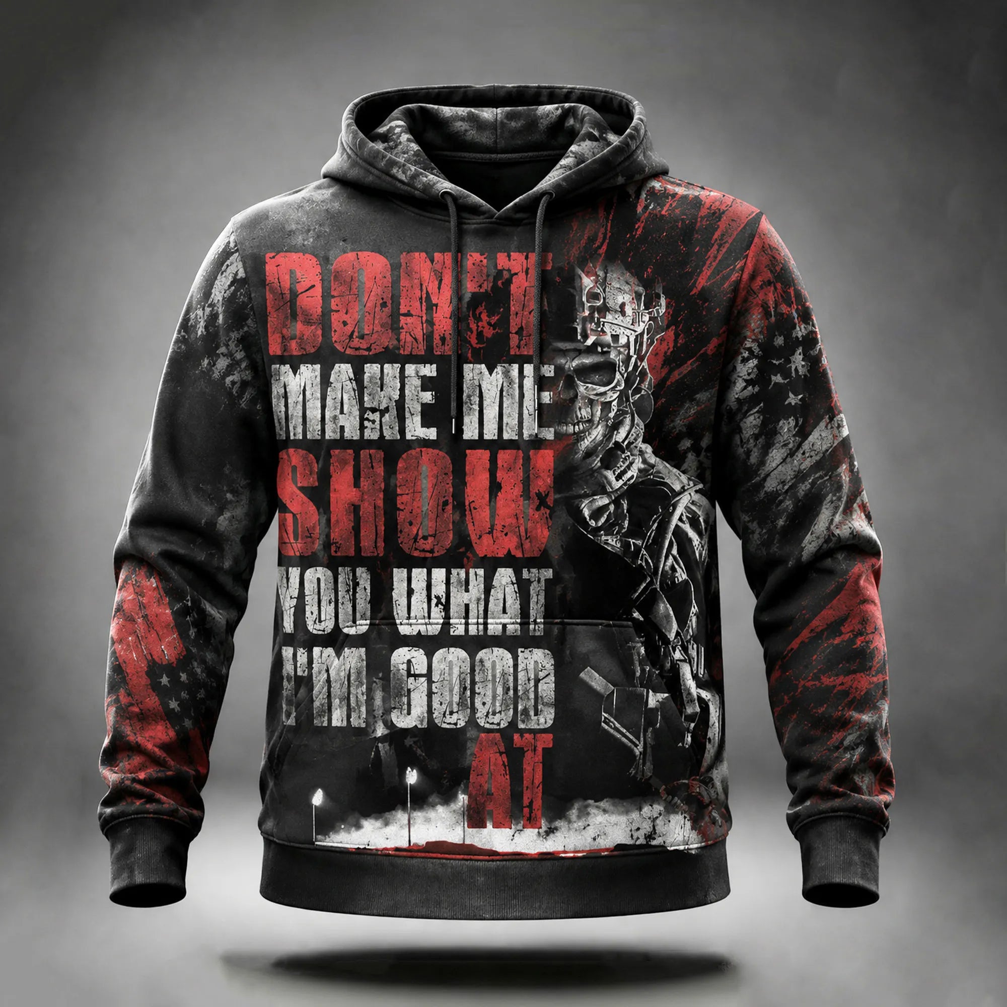 Men's Vintage Washed Distressed Tactical Skull Soldier American Flag Patriotic Gothic Quote Print Hoodie