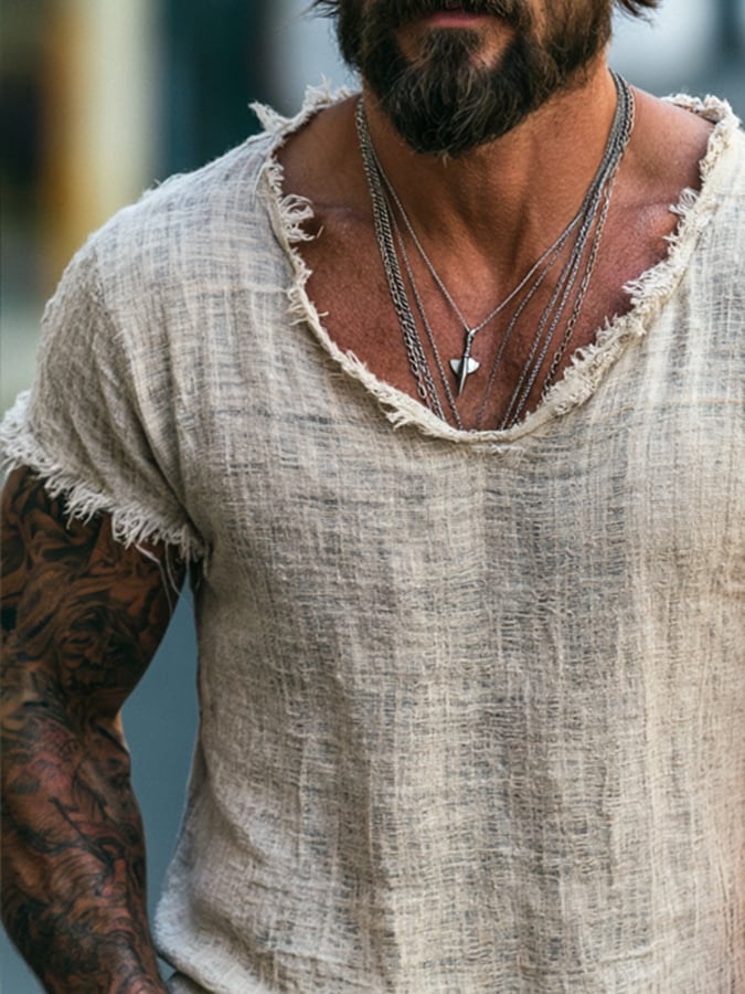 Men'S Vintage Lightweight Cotton-Linen Blend Short-Sleeve T-Shirt With Raw-Edge Crew Neck