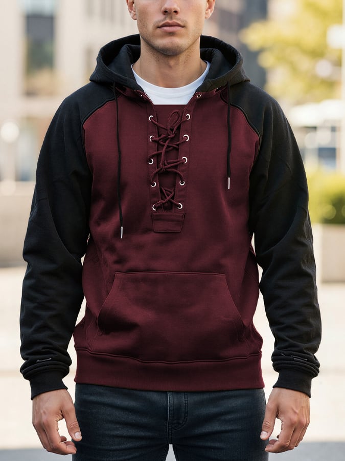 Men's Retro Color-Block Lace-Up Hoodie