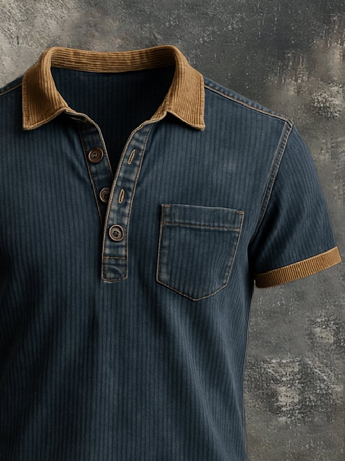 Men's retro wash colorblock short sleeve polo shirt