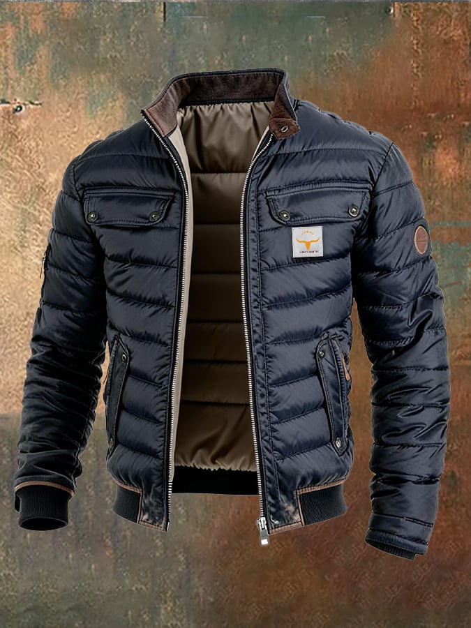 Men's Retro Leather Quilted Patchwork Warm Zipper Outdoor Jacket
