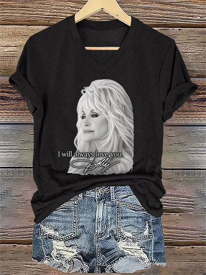 V-Neck Retro I Will Always Love You Print T-Shirt