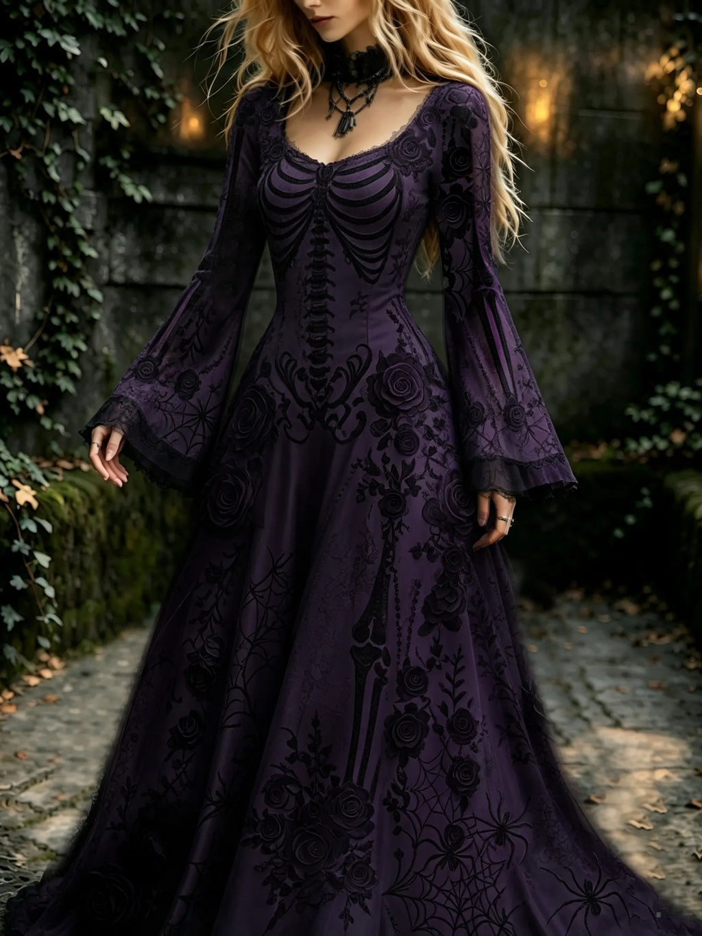 Women's Retro Gothic Flowers With Skull Pattern Mixi Halloween Dress
