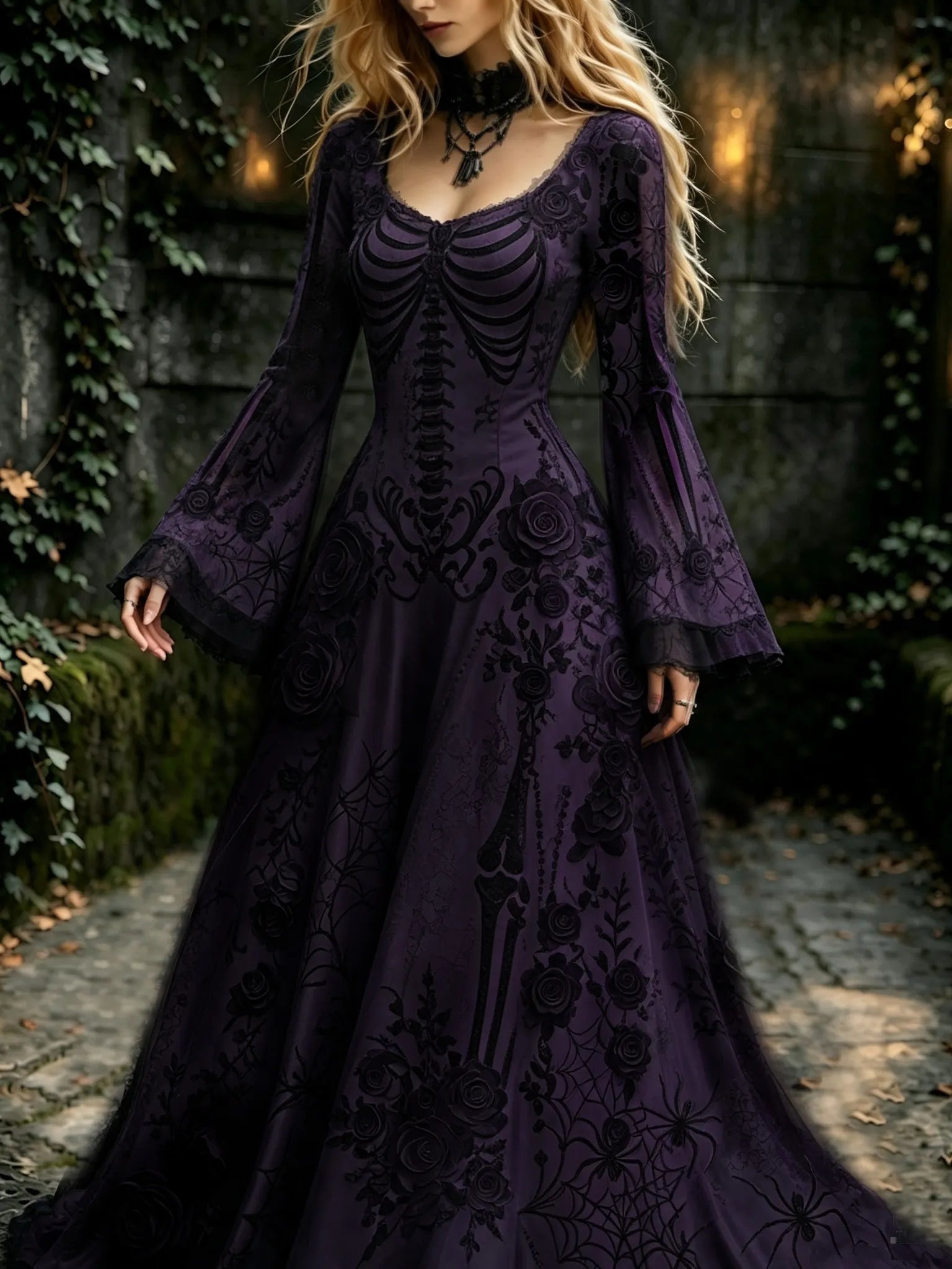 Women's Retro Gothic Flowers With Skull Pattern Mixi Halloween Dress