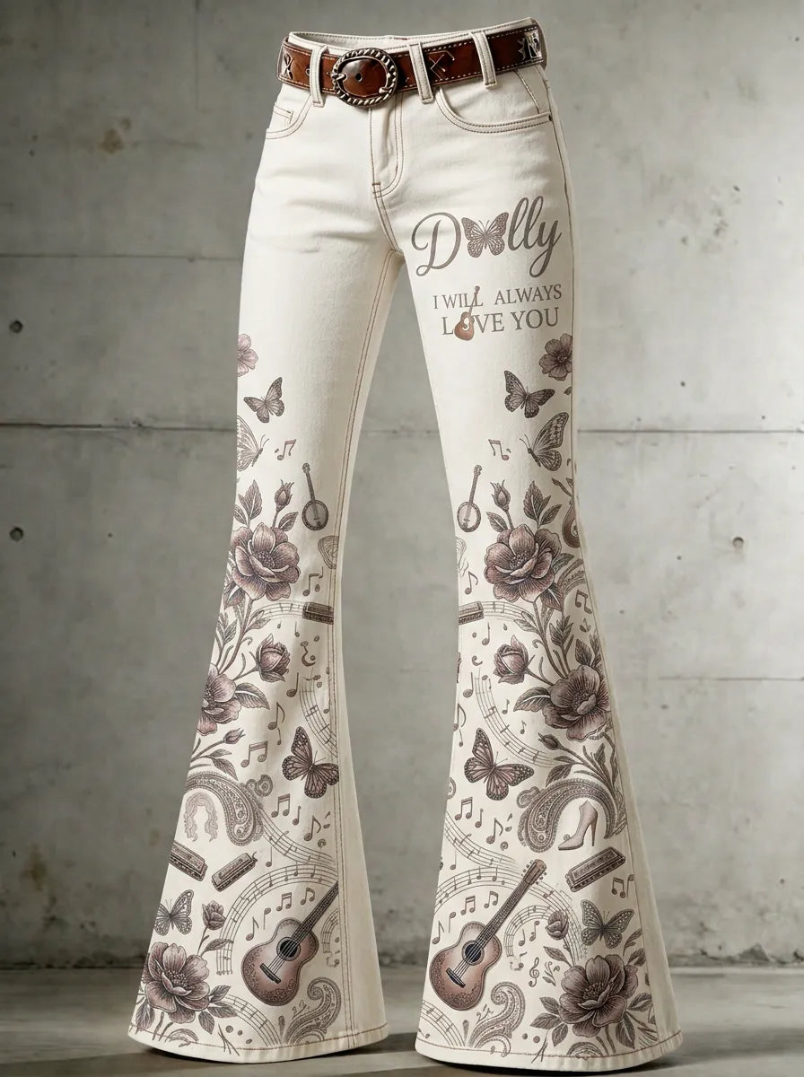 Women's Dolly Parton Butterfly Floral Guitar Printed Flare Jeans